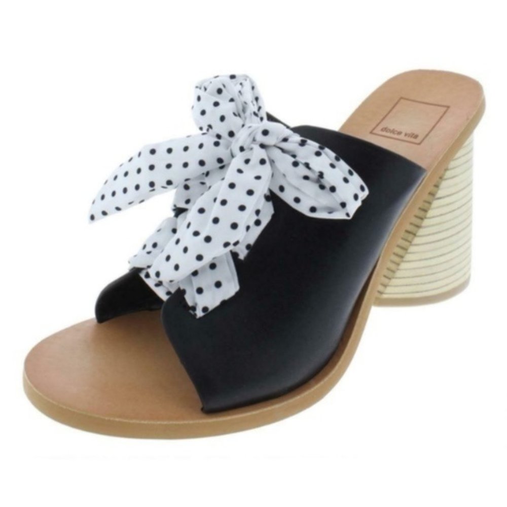 Dolce Vita Black Leather Polka Design Lace Open Toe Casual Heels Size 6.…